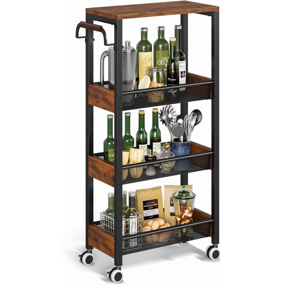 4 Tier Slim Storage Cart with Wheels for Kitchen, Narrow Rolling Utility Cart with Wood Top& Wood Handle for Small Space, Skinny Metal Organization Trolley Laundry Slim Storage Cart 7.9"