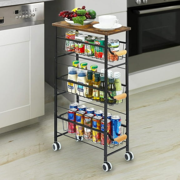 4-Tier Slim Storage Cart with Slide-Out Metal Wire Baskets, Wooden Tabletop & Wheels for Narrow Space