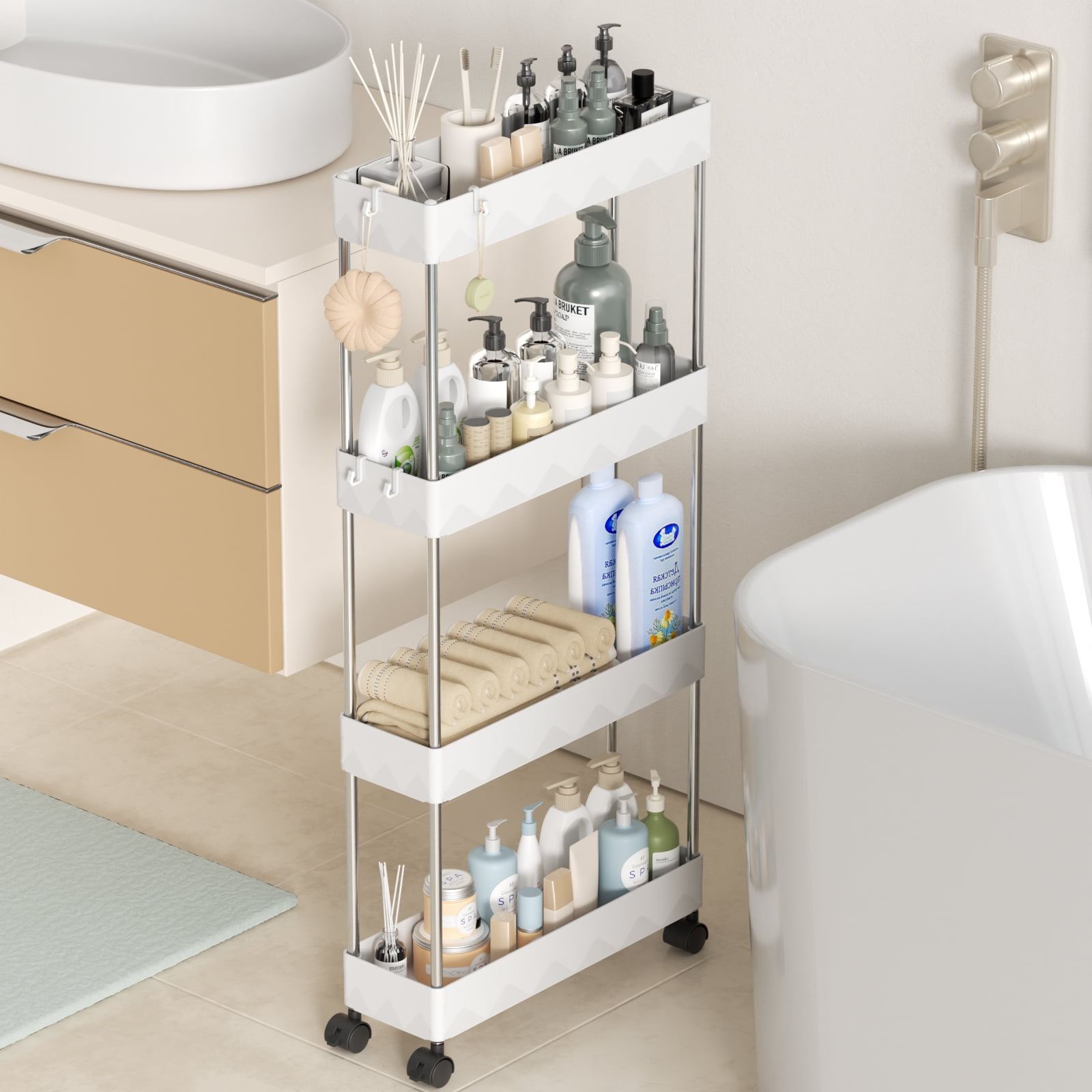 Slim Storage Cart 4 Tier Slim Cart, Bathroom Rolling Utility Cart ...
