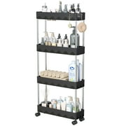 4 Tier Slim Rolling Storage Cart, Slim Cart Bathroom Storage Organizer Rolling Utility/ Mobile Shelving Unit Slide Out Storage Cart for Office, Bathroom, Kitchen, Laundry Room & Narrow Places, Black