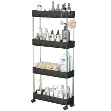 4 Tier Slim Rolling Storage Cart, Slim Cart Bathroom Storage Organizer Rolling Utility/ Mobile Shelving Unit Slide Out Storage Cart for Office, Bathroom, Kitchen, Laundry Room & Narrow Places, Black