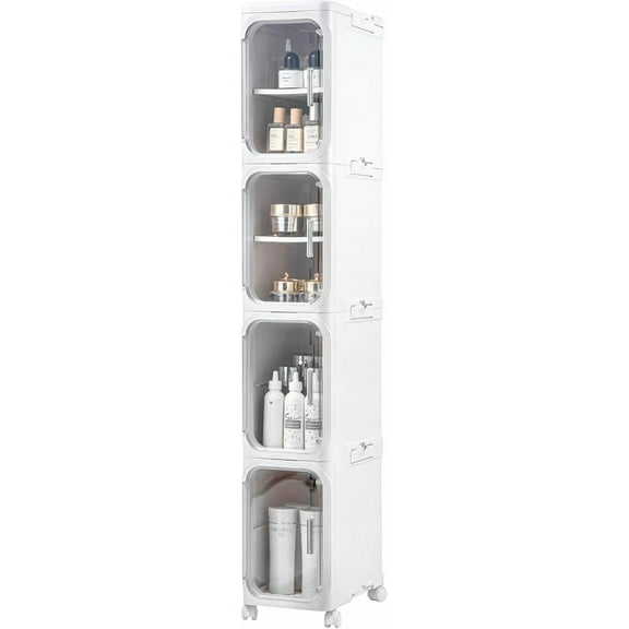 4-Tier Slim Tall Narrow Storage Cabinet with Adjustable Shelves and Movable Wheels, Magnetic Doors, Plastic Bathroom Storage and Organizers for Small Space, Bathroom, Kitchen, Laundry, White