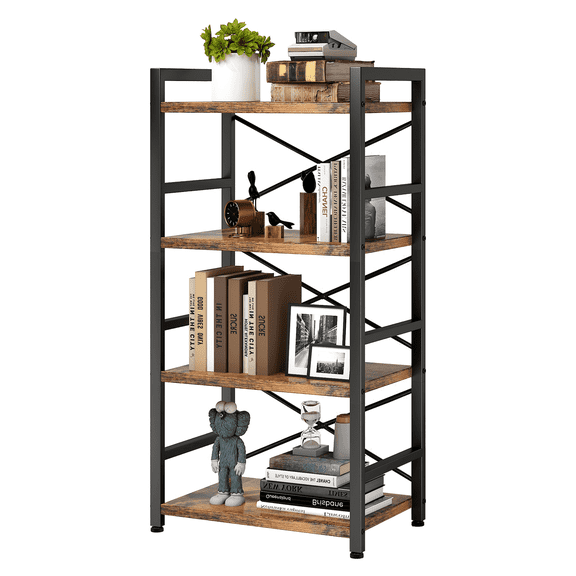 4 Tier Small Bookcase, Organizers and Storage, Metal Small Bookcase, Rustic Book Shelf Organization and Storage for Living Room, Bedroom, and Home Office(Rustic Brown)