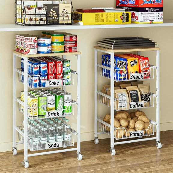 4-Tier Small Kitchen Storage Cart Wheels with Pull-Out Drawers, Rolling Pantry and Snack Organizer Cart with Top, Kitchen Floor Fruit Basket Stand for Fruit Onion Veggie Snack
