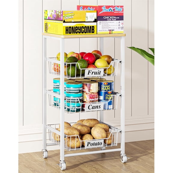 4-Tier Small Kitchen Storage Cart Wheels with Pull-Out Drawers, Rolling Pantry and Snack Organizer Cart with Top, Kitchen Floor Fruit Basket Stand for Fruit Onion Veggie Snack