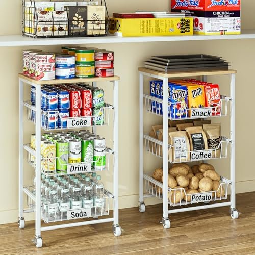 4-Tier Small Kitchen Storage Cart on Wheels with Pull-Out Drawers, Rolling Pantry and Snack Organizer Cart with Wood Top, Kitchen Floor Fruit Basket Stand for Fruit Potato Onion Veggie Snack
