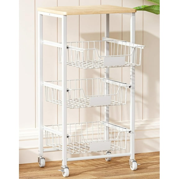 4-Tier Small Kitchen Storage Cart on Wheels, Metal Fruit Basket Stand with Pull-Out Baskets & Wood Top for Potato Onion Produce Snack Veggies