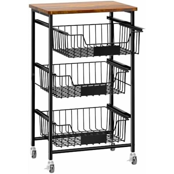 4-Tier Small Kitchen Storage Cart on Wheels, Metal Fruit Basket Stand with Pull-Out Baskets & Wood Top for Potato Onion Produce Snack Veggies