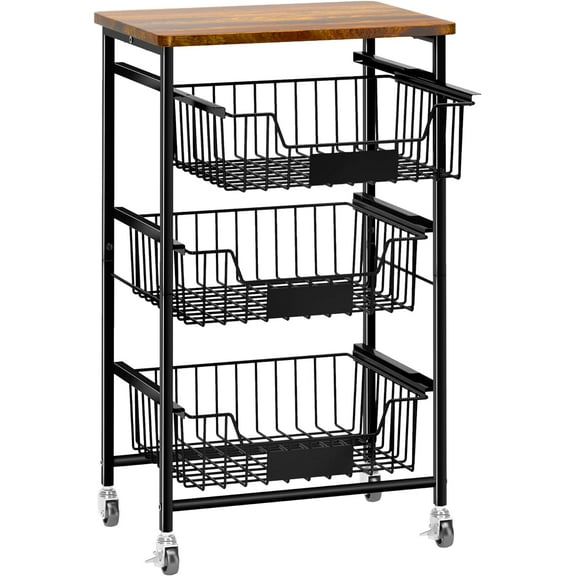 Small Kitchen Storage Cart on Wheels, Metal Fruit Basket Stand with Pull-Out Baskets & Wood Top for Potato Onion Produce Snack Veggies