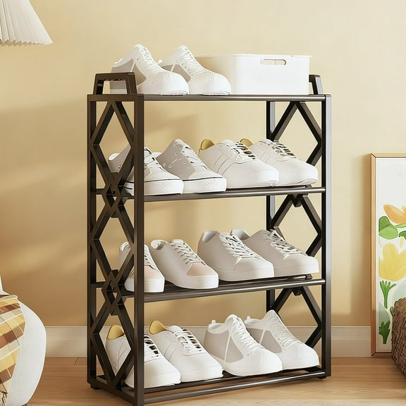 4 Tier Small Shoe Rack, Narrow Stackable Adult Shoe Storage Organizer Shelf for Closet Floor Entryway Bedroom, Space Saver Shoe Rack Organization Shelves