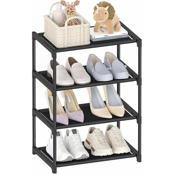 4 Tier Small Shoe Rack, Narrow Stackable Kids Toddler Adult Shoe Storage Organizer Shelf for Closet Floor Entryway Bedroom, Space Saver Shoe Rack Organization Shelves