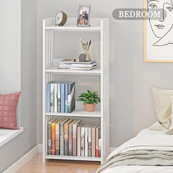 4 Tier Small White Bookshelf Open Shelf Bookcase Space-Saving Storage Organizer for Bedroom Living Room Office and Bathroom