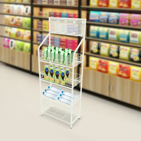 4-Tier Snack Candy Display Organizer, Metal Wire Storage Shelf Display Rack with Wheels, Retail Display Rack Stand, Snack Rack, Basket Stand Cart, White