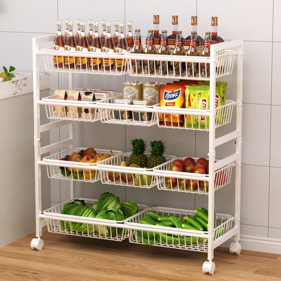 4-Tier Snack Cart with Wheels, 29''W Toy Storage Organizer, Rolling Pantry Storage Cart with 10 Wire Baskets & Handle,Adjustable Metal Snack Rack, Kitchen Organizer for Fruit, Vegetables(Black)