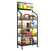 4 Tier Retail Display Rack , 55.1" Height Carbon Steel Organizer, Black Storage Shelves with 15 Hooks & Wheels for Kitchen & Retail