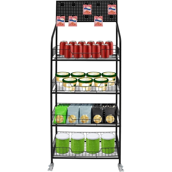 4-Tier Snack Rack Display Stand Iron Retail Display Rack Candy Display Rack Snack Stand with Hooks & Wheels Black Store Display