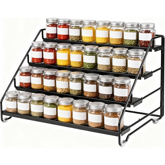 4 Tier Spice Rack for Cabinet, Step Adjustable Spice Shelf, Metal Step Spices Storage Holder with Protection Railing, Seasoning Organizer for Countertop, Cupboard, Pantry