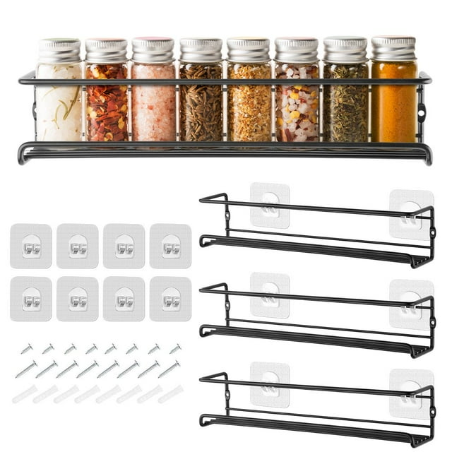 4 Tier Metal Black Spice Rack, Adjustable & Wall-Mounted for Kitchen ...