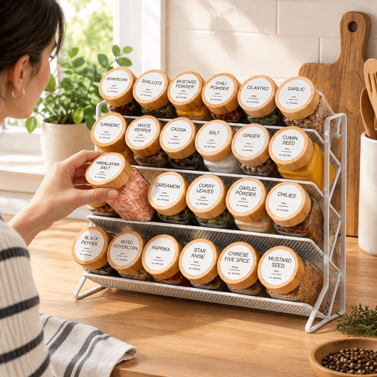 4 Tier Spice Rack Organizer Set with 24 Glass Jars, Labels and ...