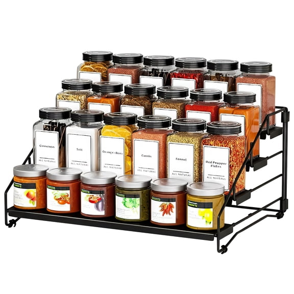 4 Tier Spice Rack Organizer for Cabinet, Spice Shelf with Adjustable Step for Kitchen Countertop, Pantry, Cupboard, Black