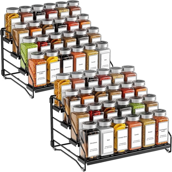 "4 Tier Spice Rack Organzier, Spice Rack for Cabinet, Adjustable Depth Seasoning Shelf for Countertop, Pantry, Seasoning Organizer, Metal, Black (2 Pack) "