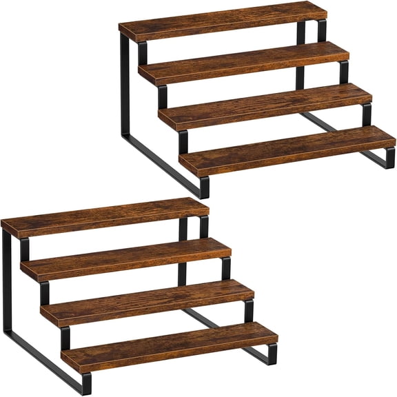 4 Tier Spice Rack, Set of 2 Wooden Spice Rack for Countertop, Kitchen Counter Storage Shelves Cupcake Stand Holder Display Stand, Rustic Brown