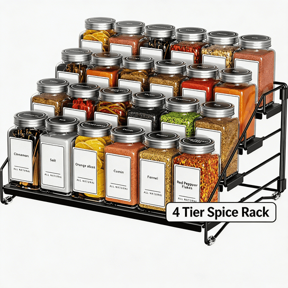 4 Tier Spice Rack for Cabinet, Spice Rack Organizer, Depth Adjustable Spice Holder for Countertop, Cupboard, Seasoning Shelf-1 PCS