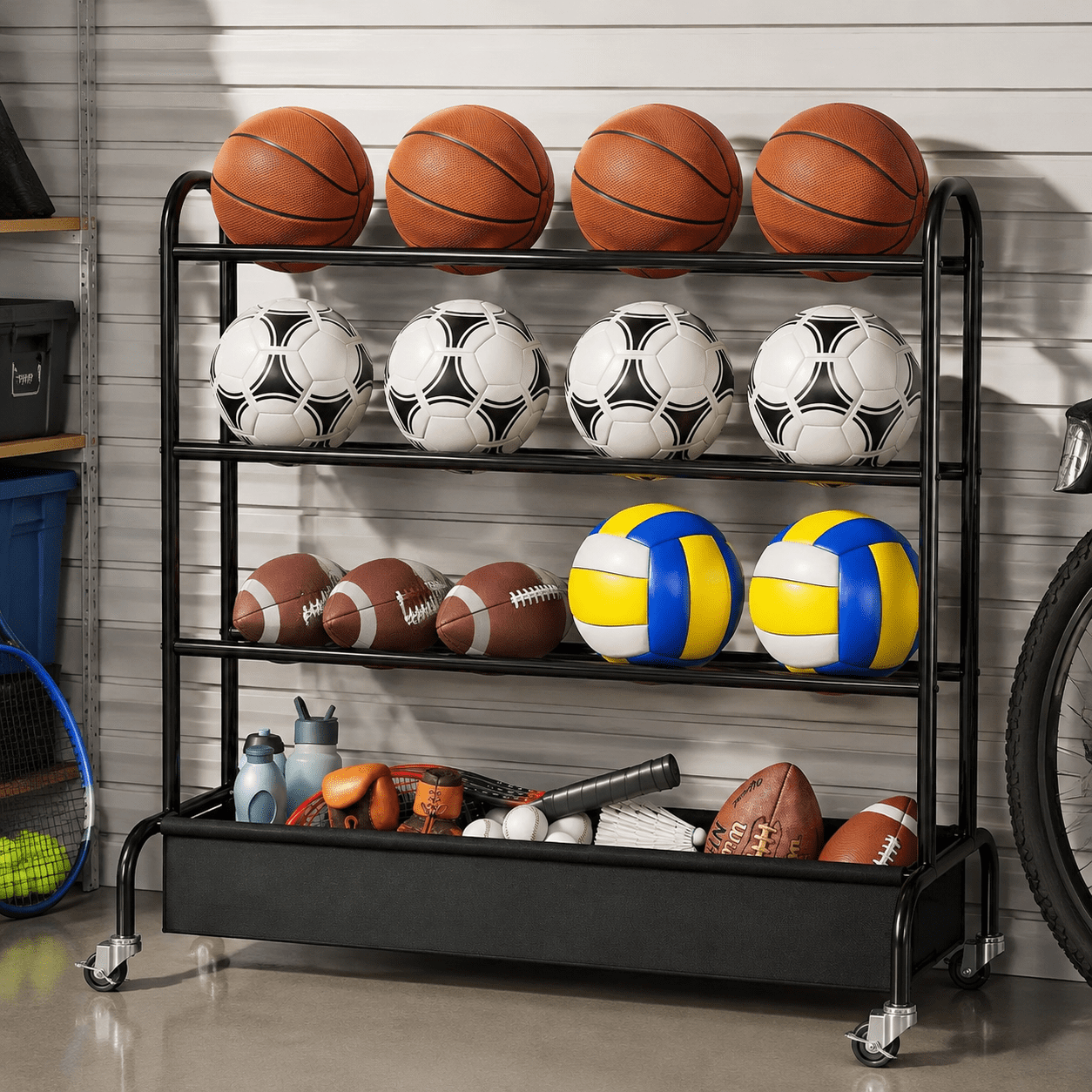 Basektball Racks 4 Tier Sports Equipment Garage Organizer, Heavy Duty Basketball Rack ...