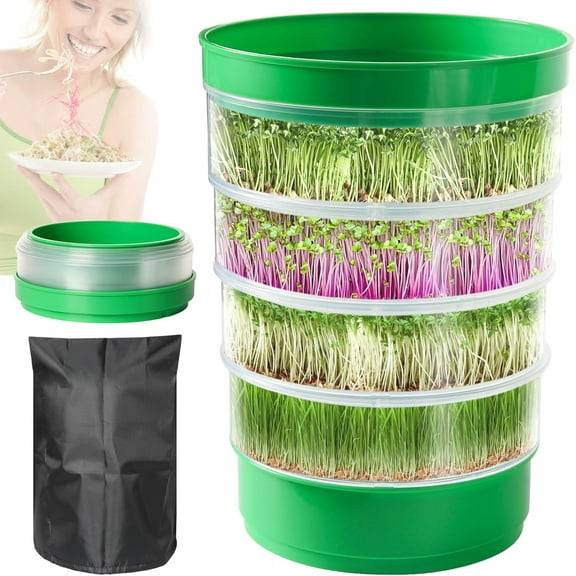 4-Tier Sprouts Growing Tray,Microgreens Growing Kit with Sprout Lid, Blackout Sleeve & Drain Tray,Stackable Sprouts Growing Kit,Soil-Free Seedling Box for Beans Alfalfa Seeds(NO Seeds)