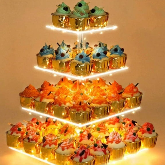 4 Tier Square Cupcake Stand Acrylic Cupcake Stand with Yellow LED Light String (Battery not included) Dessert Display Stand for Birthday, Wedding, Party, Party Cupcake Serving Tray