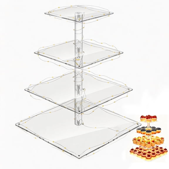 4 Tier Square Cupcake Stand, LED Lighted Dessert Display Holder, Clear Cupcake Tower, Reusable Pastry Serving Tray, Cupcake Holder for Wedding Birthday Party Graduation