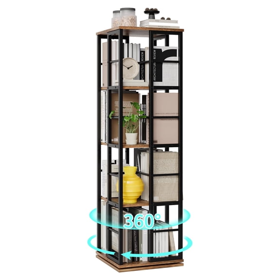 4-Tier Square Rotating Bookshelf, 360 Spinning Bookcase Tower with Stable Base, Modern Space Saving Corner Shelf for Living Room, Study, Bedroom in Brown