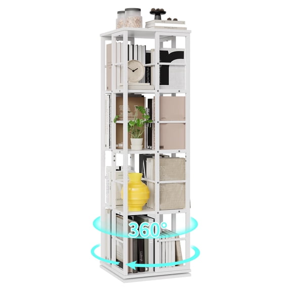 4-Tier Square Rotating Bookshelf, 360 Spinning Bookcase Tower with Stable Base, Modern Space Saving Corner Shelf for Living Room, Study, Bedroom in White