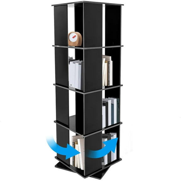4 Tier Square Rotating Bookshelf PVC 360 Revolving Bookcase Book Organizer with Rotaing Base Display Book Shelf for Living Room, Balcony, Study Room, Living Room (Black)