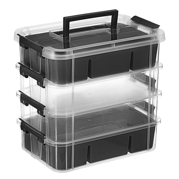 4-Tier Stackable Black Plastic Storage Box with Divided Trays and Carry Handle
