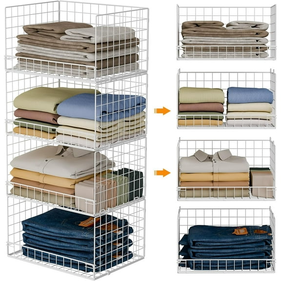 4-Tier Stackable Closet Organizers and Storage Basket, Foldable Closet Shelf Organizer System, Space-Saving Clothes Storage Drawer Organizer for Wardrobe, White (Patent Pending)