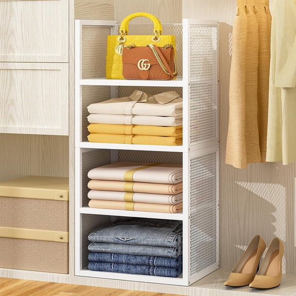 4-Tier Stackable Closet Organizers and Storage Basket, Wire Closet Shelf Organizer, Sweater Storage Oragnizer Bins, Multifunctional Clothes Storage Drawer Organizer for Wardrobe, White