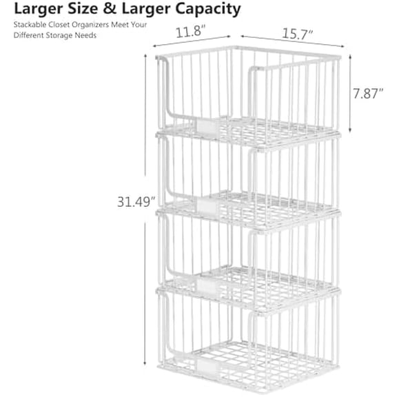 4-Tier Stackable Closet Organizers and Storage, Clothes Shelf Organizer, Foldable Wire Basket Bins, Sweater Storage for Closet and Pantry,11.8" D x 15.7" W, White