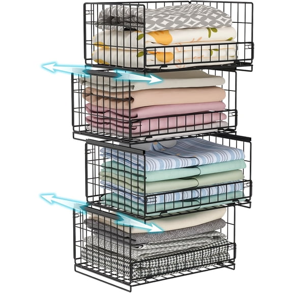 4-Tier Stackable Closet Organizers And Storage Shelves, Clothes Storage Basket, Clothes Shelf Organizer Sweater Organizer Bins Container for Wardrobe Kitchen Bathroom Office, Black