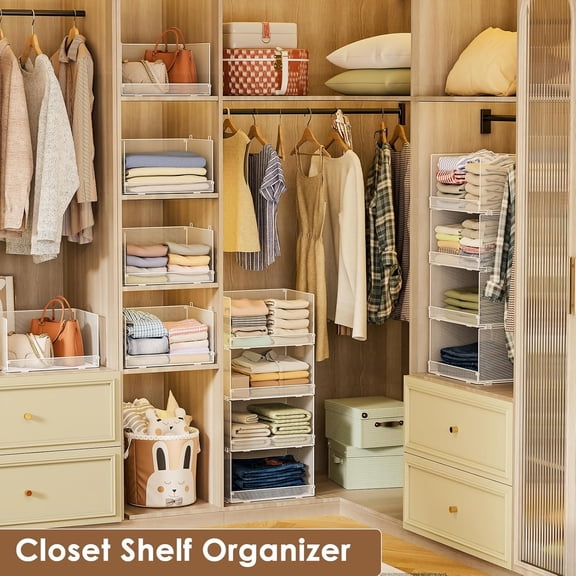 4-Tier Stackable Closet Organizers and Storage Shelves, Foldable Closet Shelf Organizer, Stackable Storage Bins Drawers for Closet Organizer System, White