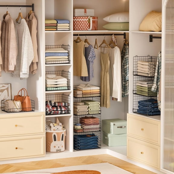 4 Tier Stackable Closet Organizers and Storage Shelves, Foldable Closet Shelf Organizer System, Stackable Storage Bins Drawers for Clothes Organizer System, Black(Patent Pending)