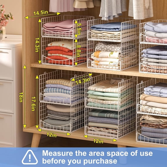 4-Tier Stackable Closet Organizers and Storage Shelves, Foldable & Mutifunctional Clothes Storage Basket Sweater Organizer Bins Container for Wardrobe Kitchen Office Bathroom, White