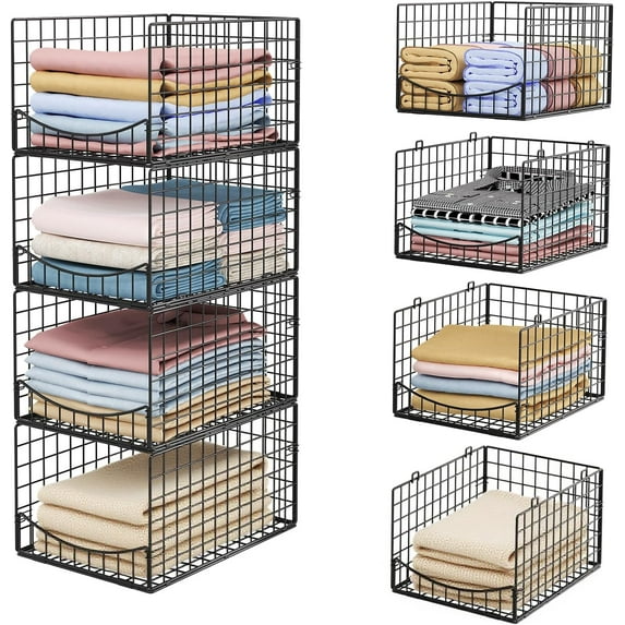 4-Tier Stackable Closet Organizers and clothes Storage Shelves - Clothes Storage Bins for Jeans, Pants, and Sweaters - Wardrobe Cupboard Organizer for closet organization-Black