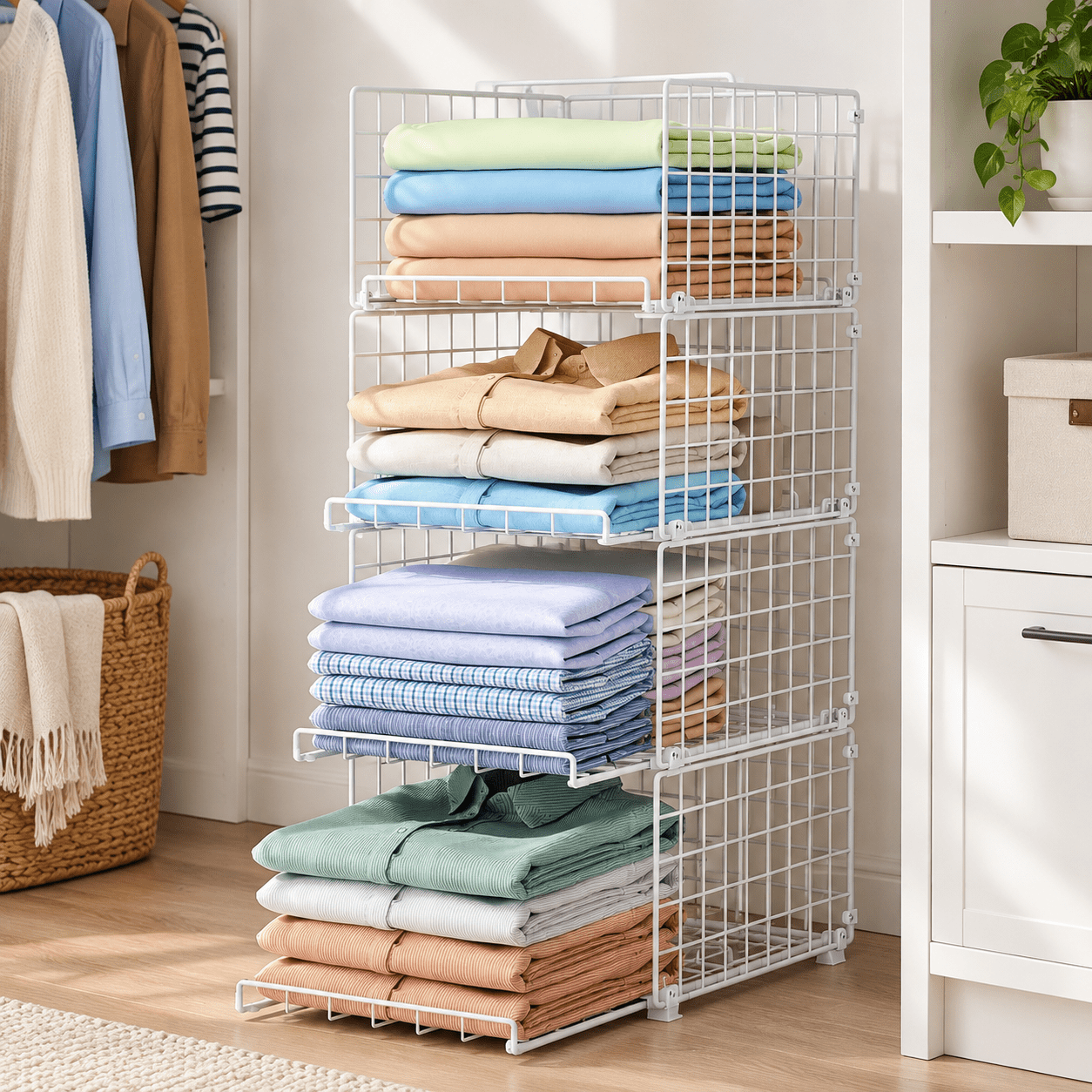 4-Tier Stackable Closet Storage Shelves with Pull-Out Baskets, White