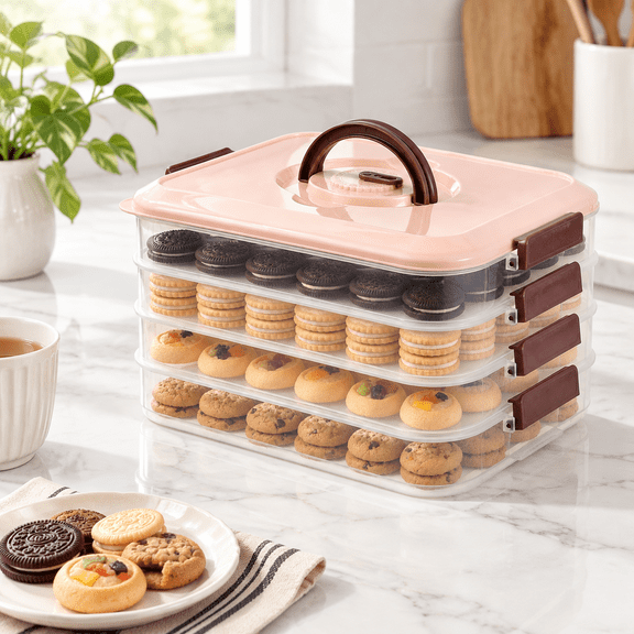 4-Tier Stackable Food Storage Container with Airtight Lid and Handle for Cookies, Dumplings, and Snacks