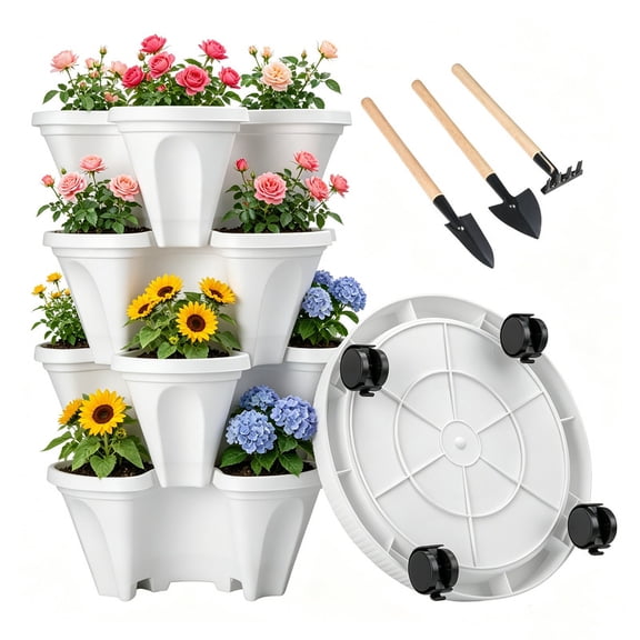 4‑Tier Stackable Garden Tower with Wheels & Tools - Agreeable Gray, Easy Assembly, Durable Vertical Planter for Succulents, Herbs & Vegetables, Indoor/Outdoor, White