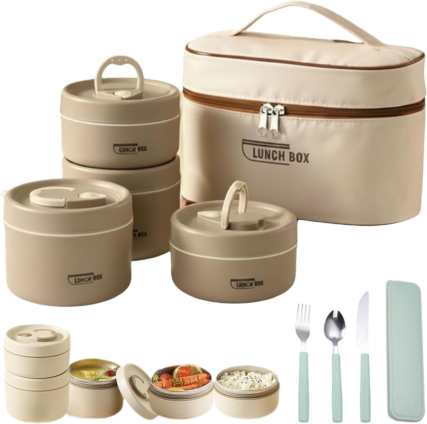 4-Tier Stackable Insulated Lunch Container Set – Stainless Steel Food Containers with Carry Bag for Warm or Cold Meals, Reusable Bento-Style Lunch Box