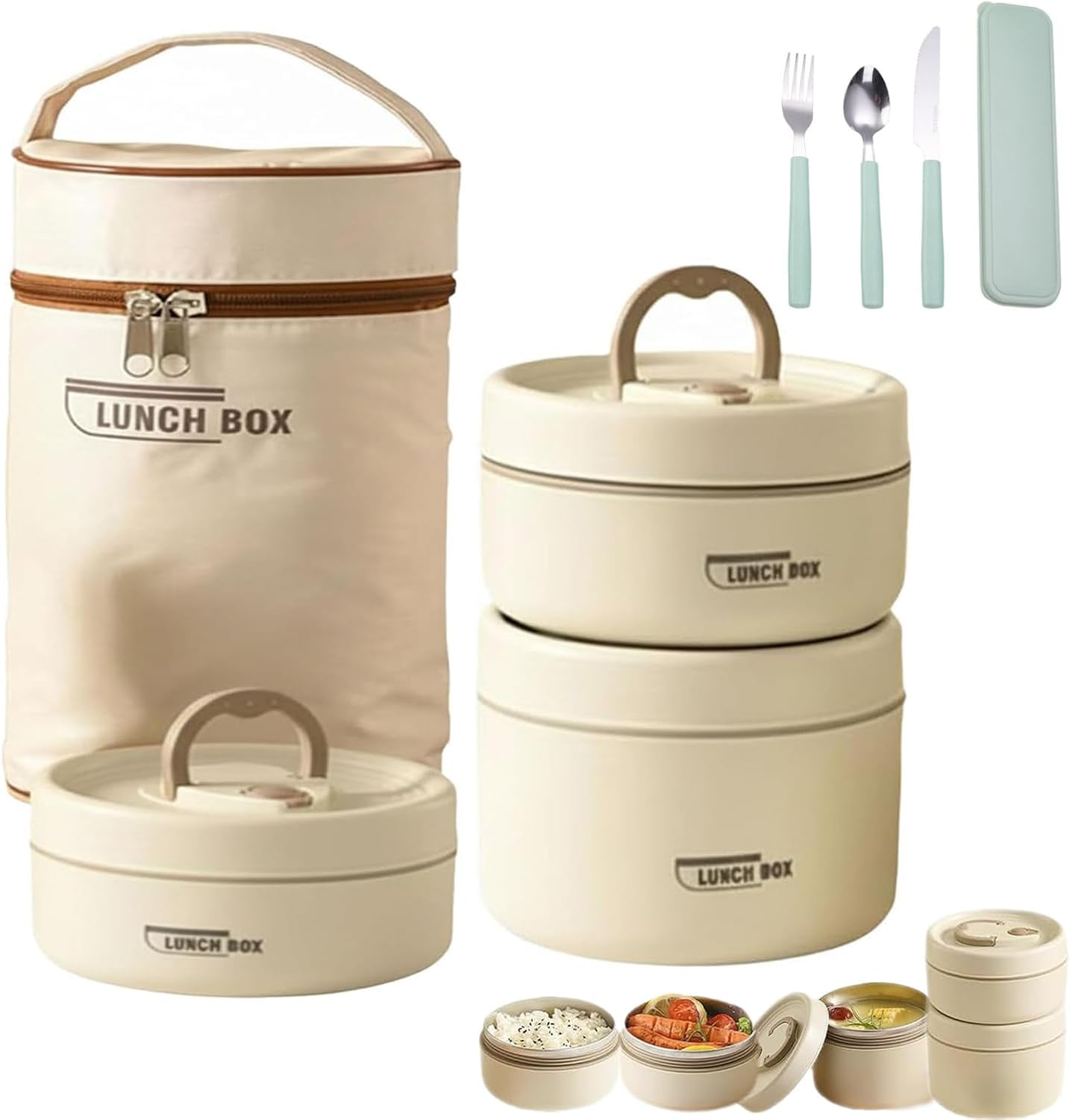 4-Tier Stackable Insulated Lunch Container Set – Stainless Steel Food Containers with Carry Bag for Warm or Cold Meals, Reusable Bento-Style Lunch Box