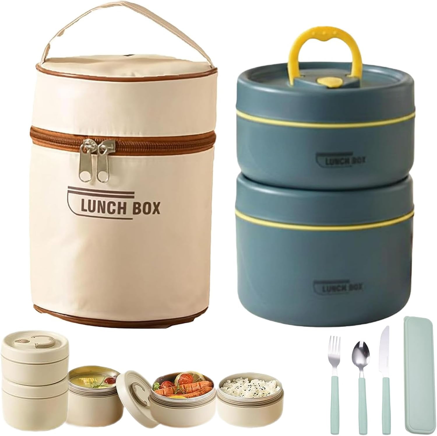 4-Tier Stackable Insulated Lunch Container Set – Stainless Steel Food Containers with Carry Bag for Warm or Cold Meals, Reusable Bento-Style Lunch Box
