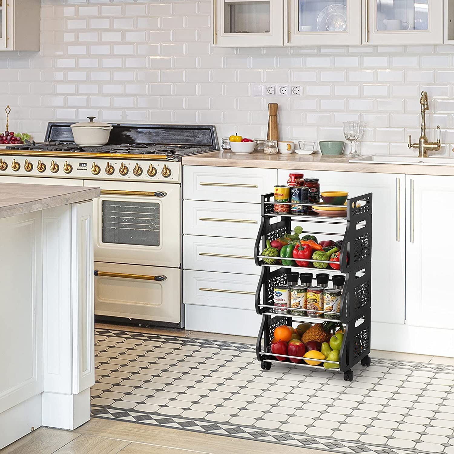 4 Tier Stackable Kitchen Rack Home Fruit Storage Basket Cart with ...